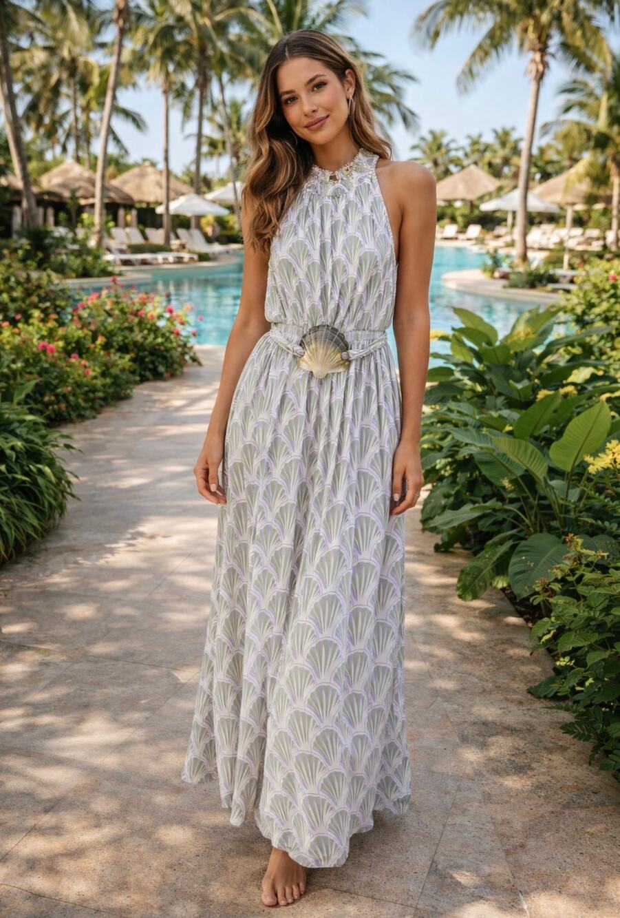 Bohome By Skemo Shell Print maxi Dress Iridescent Shell tie belt size medium
